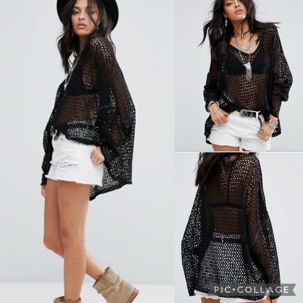 FP Beach Black Crochet Knit Hooded Pullover Cover-Up